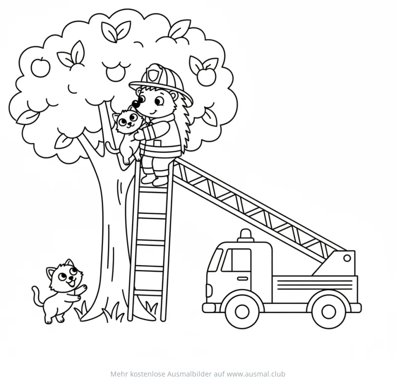 Igel als Feuerwehrmann rettet Katze vom Baum Ausmalbild