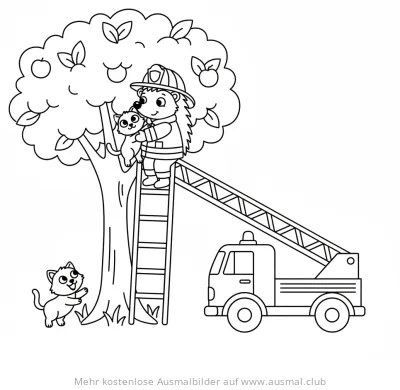 Igel als Feuerwehrmann rettet Katze vom Baum Ausmalbild
