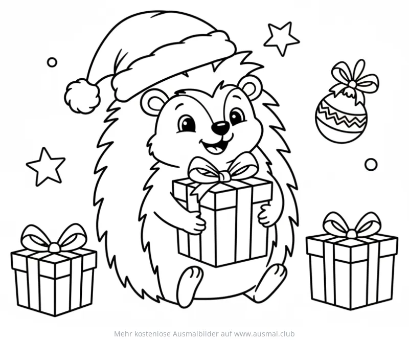 Igel mit Weihnachtsmütze und Geschenken Ausmalbild
