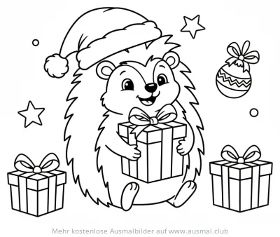 Igel mit Weihnachtsmütze und Geschenken Ausmalbild