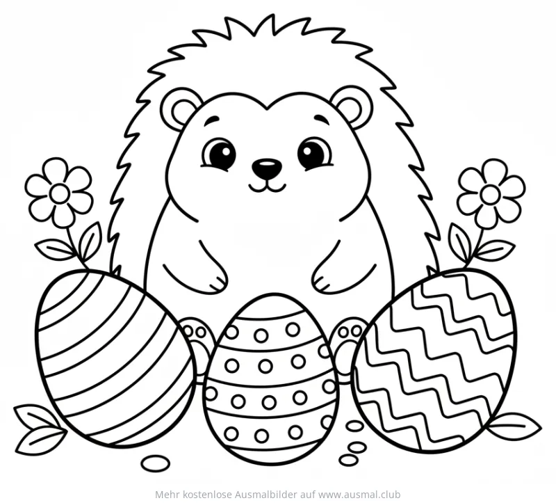 Igel mit Ostereiern und Blumen Ausmalbild