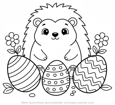 Igel mit Ostereiern und Blumen Ausmalbild