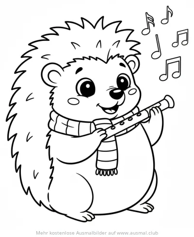 Igel mit Schal spielt Flöte Ausmalbild