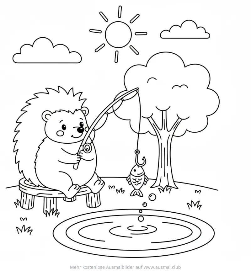 Igel sitzt auf Hocker und angelt im Teich Ausmalbild