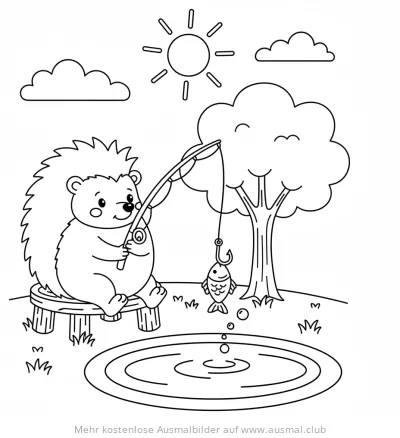 Igel sitzt auf Hocker und angelt im Teich Ausmalbild
