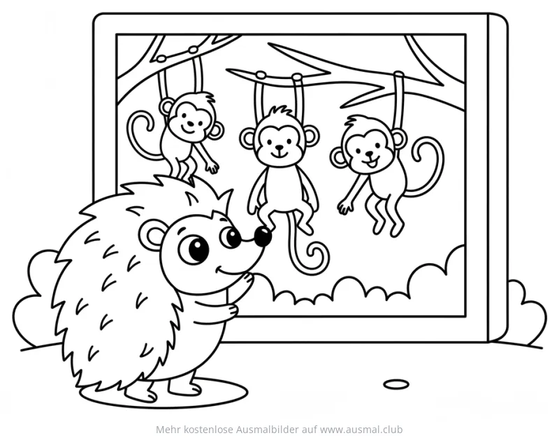 Igel vor Zoo-Bild mit Affen Ausmalbild