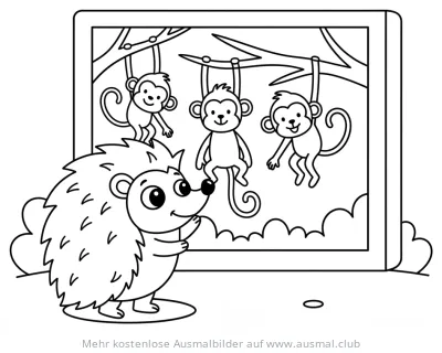 Igel vor Zoo-Bild mit Affen Ausmalbild