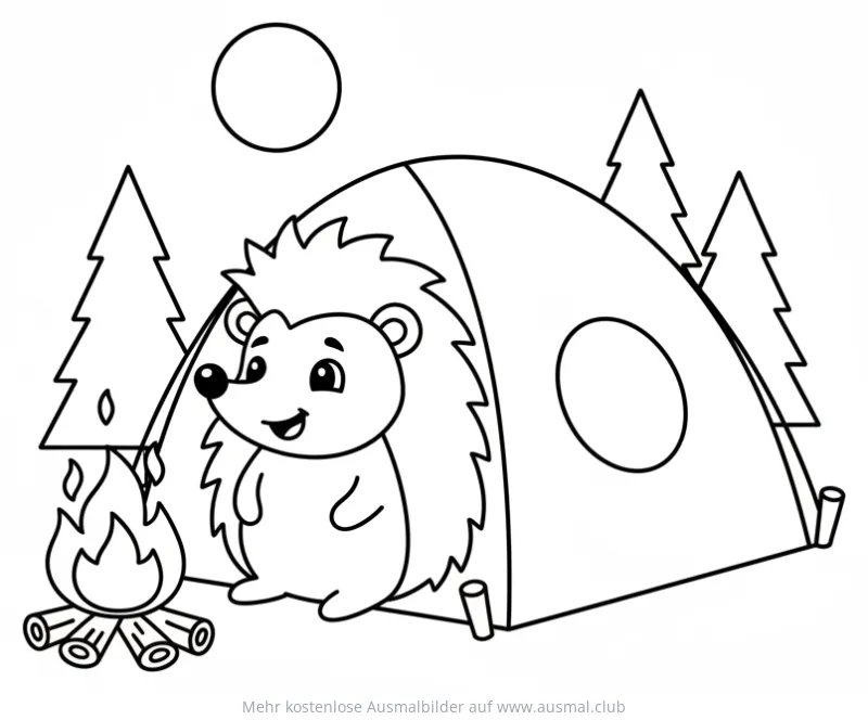 Igel beim Camping Ausmalbild mit Zelt und Lagerfeuer
