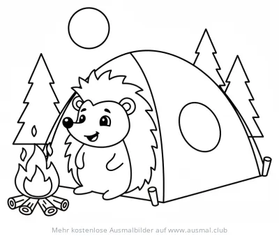 Igel beim Camping Ausmalbild mit Zelt und Lagerfeuer