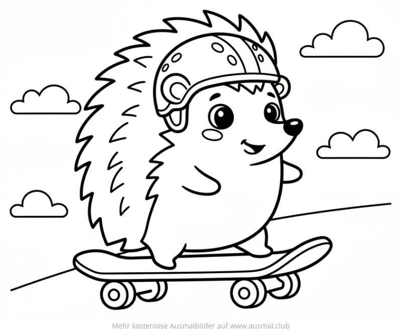 Igel mit Helm auf Skateboard Ausmalbild