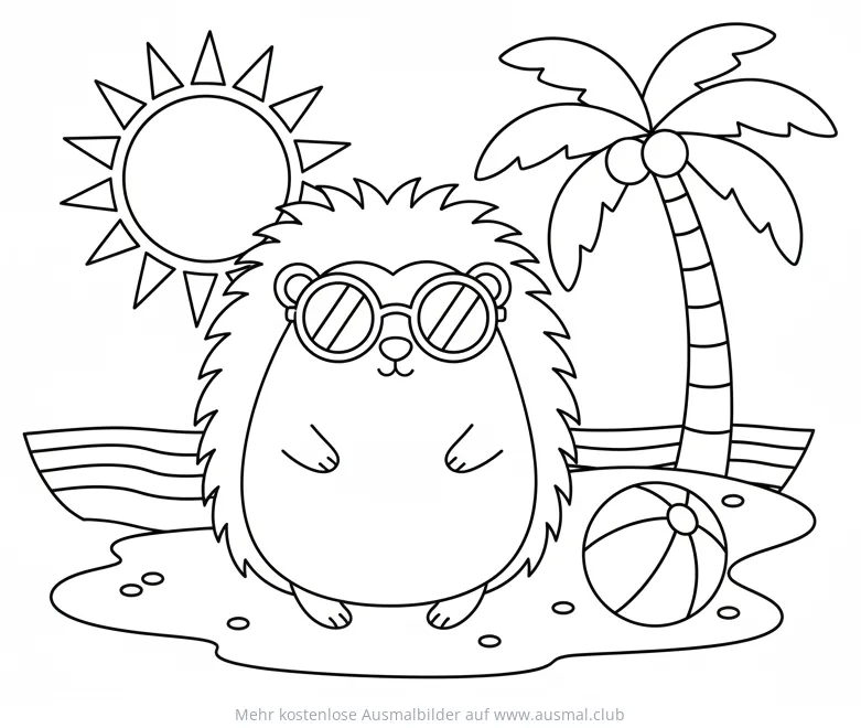 Igel mit Sonnenbrille am Strand Ausmalbild