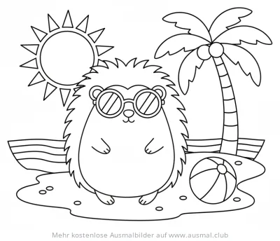 Igel mit Sonnenbrille am Strand Ausmalbild