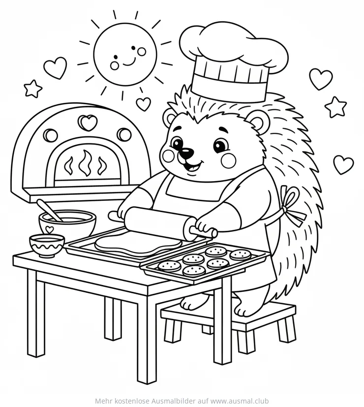 Igel mit Kochmütze backt Kekse Ausmalbild