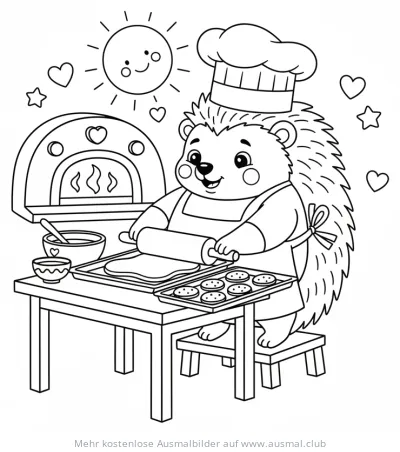 Igel mit Kochmütze backt Kekse Ausmalbild