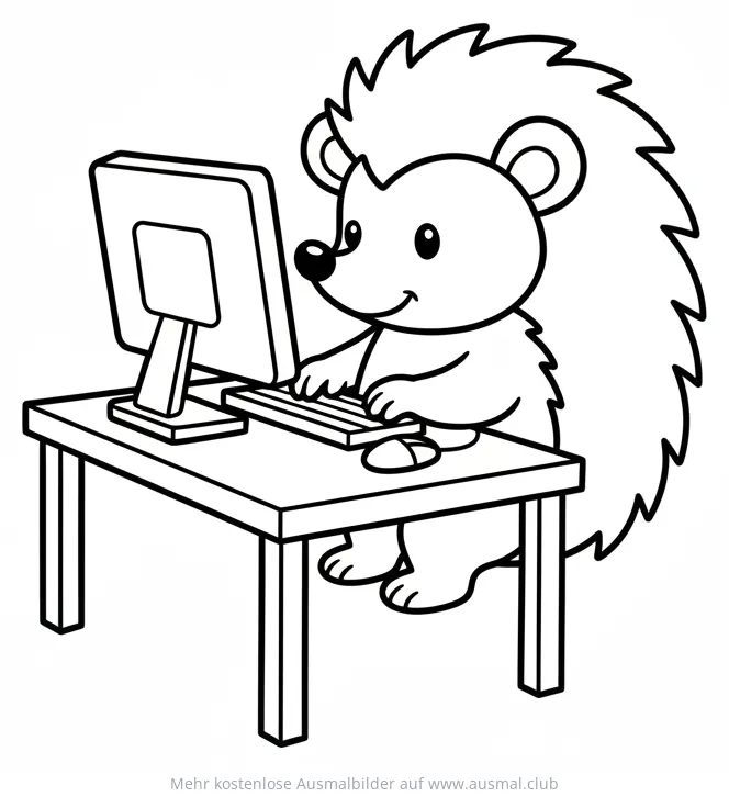 Igel sitzt am Schreibtisch und tippt auf einer Computertastatur Ausmalbild