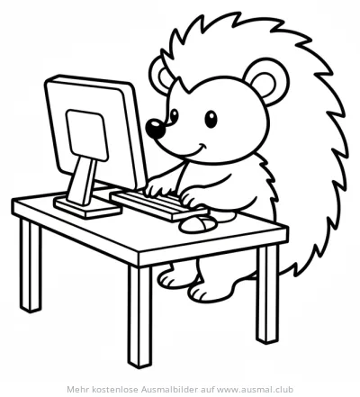 Igel sitzt am Schreibtisch und tippt auf einer Computertastatur Ausmalbild