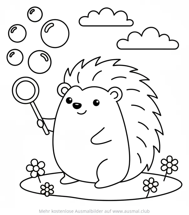 Igel Ausmalbild mit Seifenblasen, Blumen und Wolken