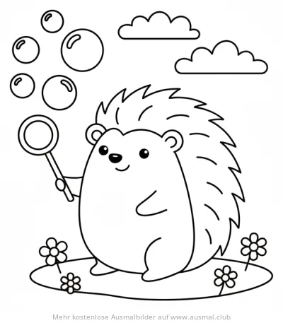 Igel Ausmalbild mit Seifenblasen, Blumen und Wolken
