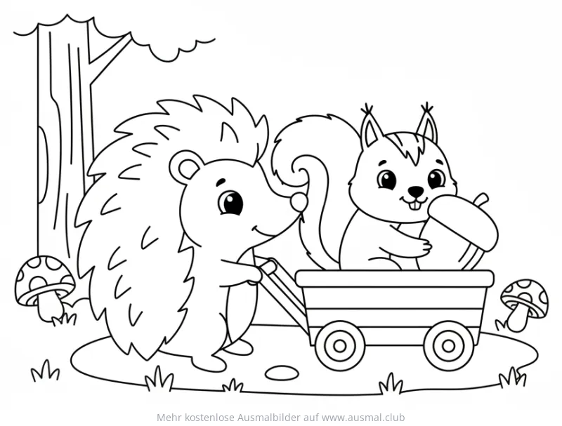 Igel zieht Eichhörnchen mit Wagen Ausmalbild