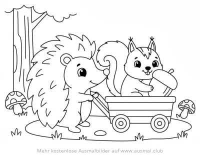 Igel zieht Eichhörnchen mit Wagen Ausmalbild