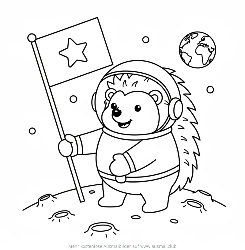 Igel Astronaut mit Flagge auf dem Mond Ausmalbild