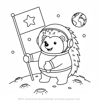 Igel Astronaut mit Flagge auf dem Mond Ausmalbild