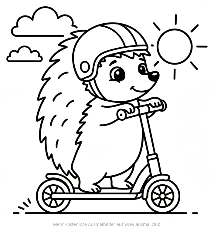 Igel mit Helm fährt Roller Ausmalbild