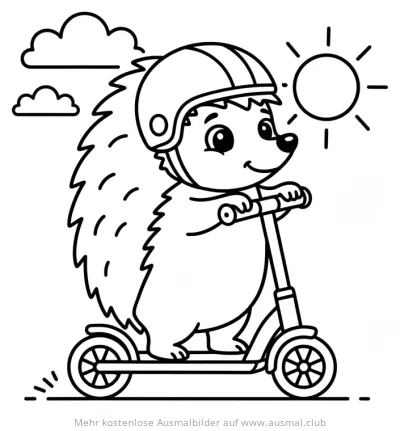 Igel mit Helm fährt Roller Ausmalbild