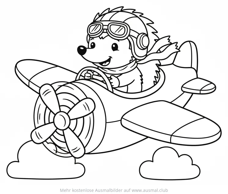 Igel als Pilot im Flugzeug Ausmalbild