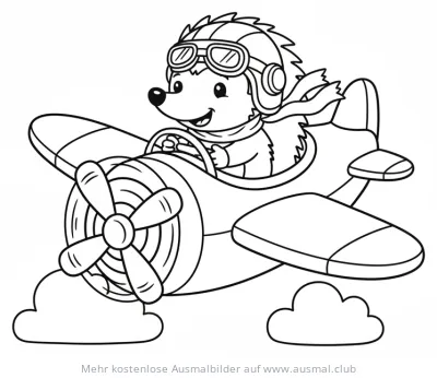 Igel als Pilot im Flugzeug Ausmalbild