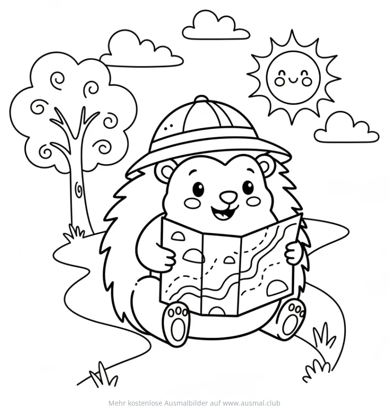 Igel mit Safarihut und Karte Ausmalbild
