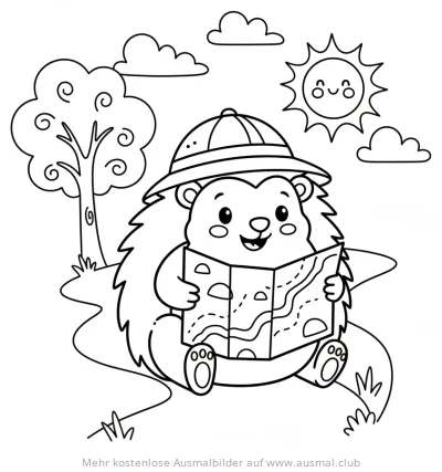 Igel mit Safarihut und Karte Ausmalbild