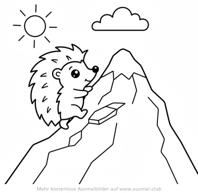 Igel klettert auf Berg Ausmalbild mit Sonne und Wolke