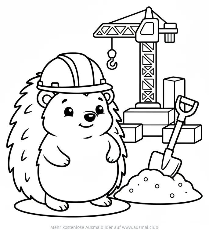 Igel mit Bauhelm auf Baustelle Ausmalbild