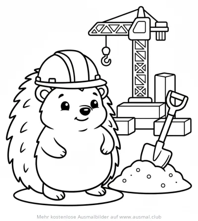 Igel mit Bauhelm auf Baustelle Ausmalbild