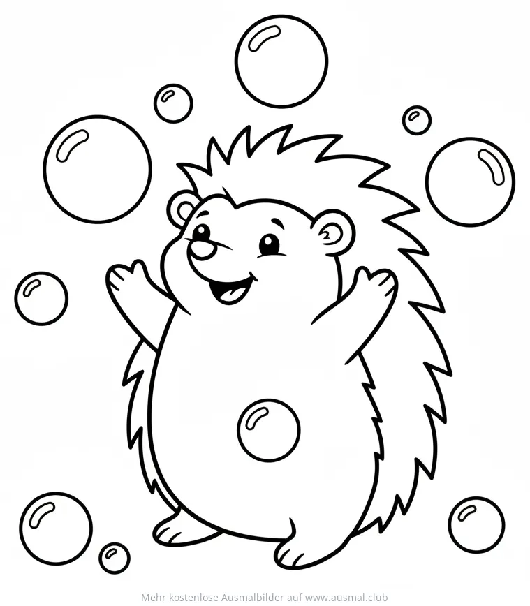 Freundlicher Igel spielt mit Seifenblasen Ausmalbild