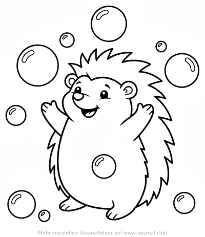 Freundlicher Igel spielt mit Seifenblasen Ausmalbild
