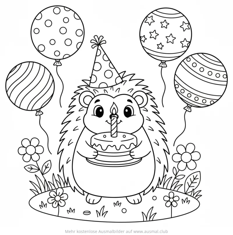 Igel mit Geburtstagstorte und Ballons Ausmalbild