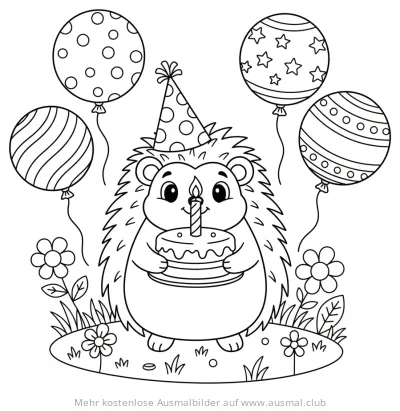 Igel mit Geburtstagstorte und Ballons Ausmalbild