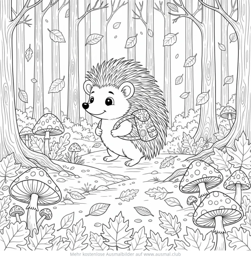 Igel mit Rucksack im Herbstwald Ausmalbild
