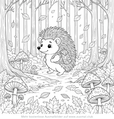 Igel mit Rucksack im Herbstwald Ausmalbild