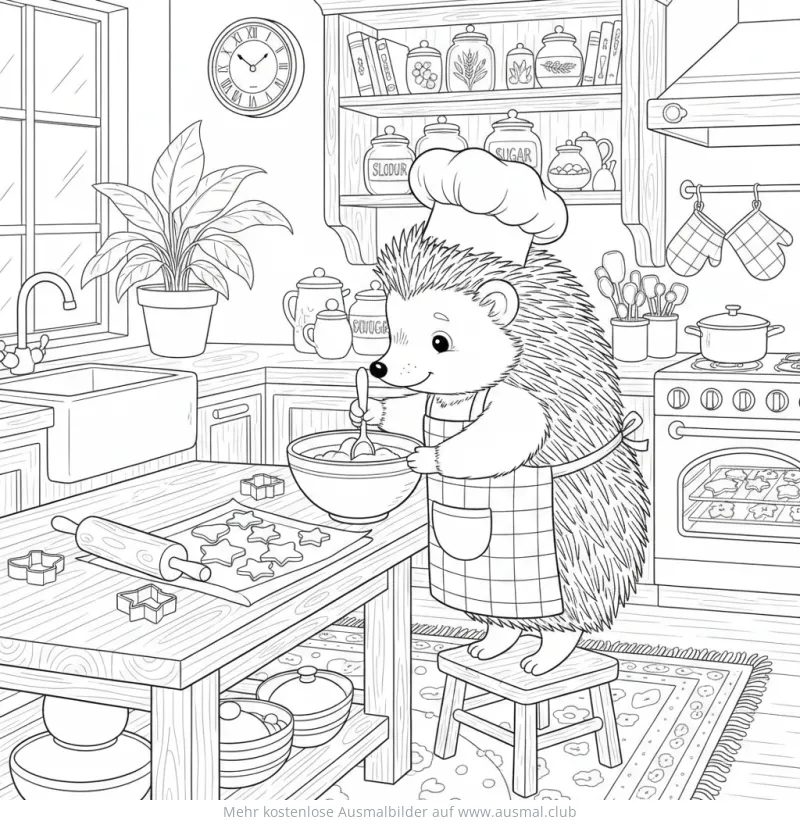 Igel mit Kochmütze und Schürze rührt Teig in Küche Ausmalbild