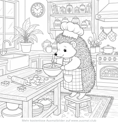 Igel mit Kochmütze und Schürze rührt Teig in Küche Ausmalbild