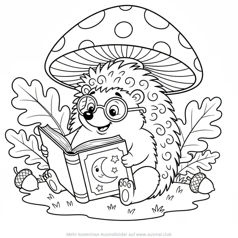 Igel mit Brille liest Buch unter Pilz Ausmalbild