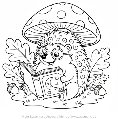 Igel mit Brille liest Buch unter Pilz Ausmalbild