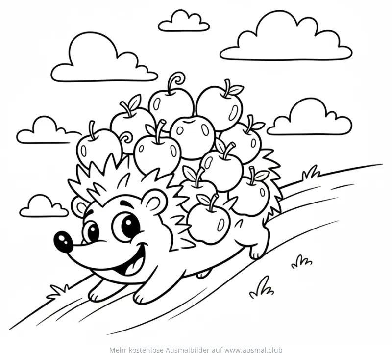 Igel mit vielen Äpfeln auf dem Rücken Ausmalbild
