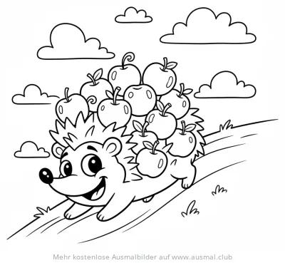 Igel mit vielen Äpfeln auf dem Rücken Ausmalbild