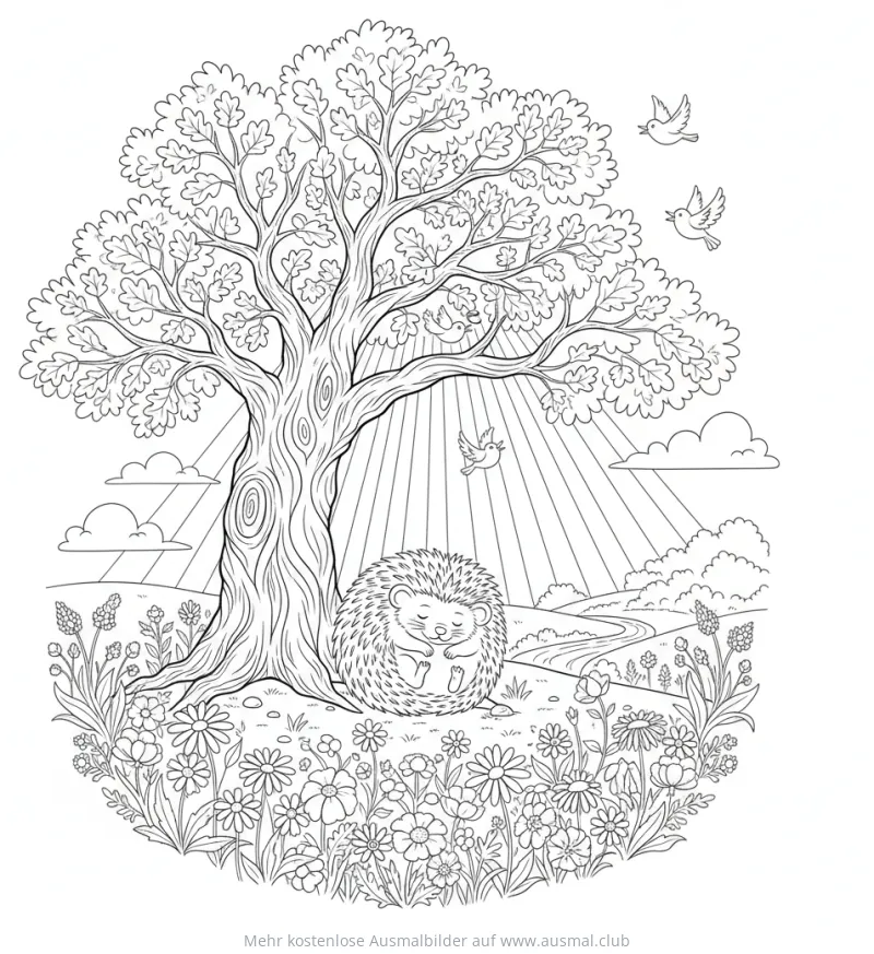 Schlafender Igel unter Baum mit Blumen Ausmalbild