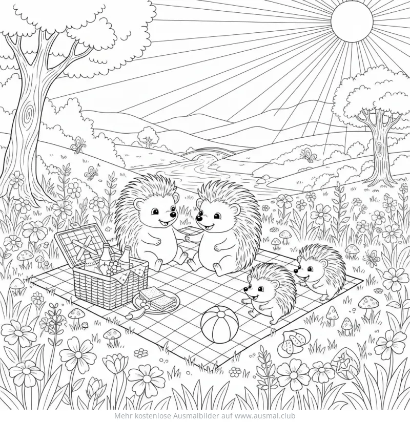 Igel Familie beim Picknick Ausmalbild