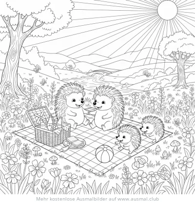 Igel Familie beim Picknick Ausmalbild